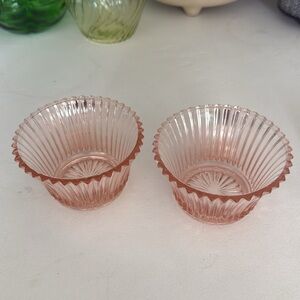 Anchor Hocking Glass QUEEN MARY Vertical Ribbed Pink Small Berry Bowl X2- 2 1/4